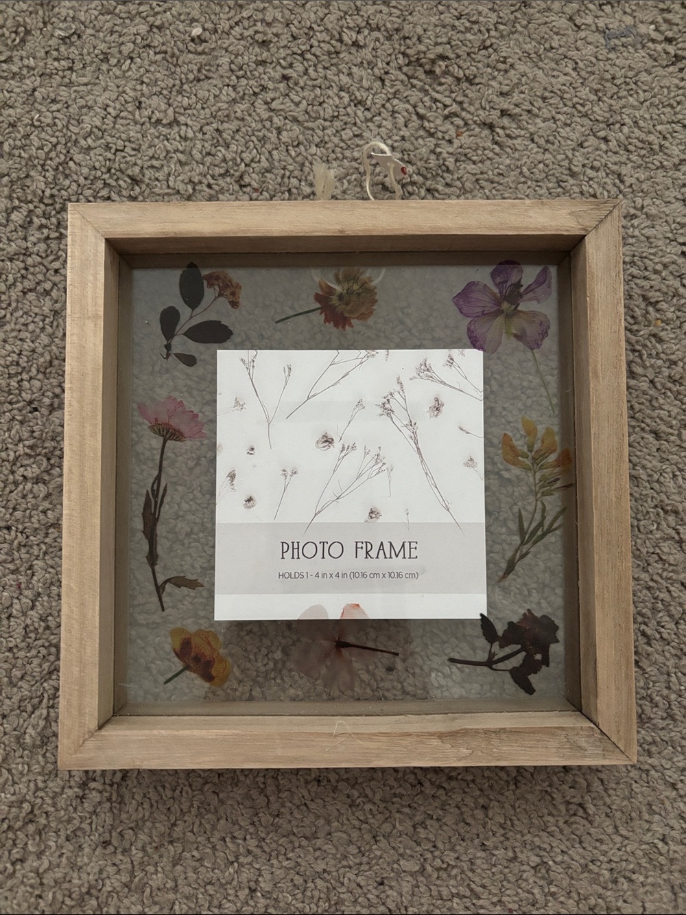 Wooden Square Photo Frame with Pressed Flower Design - Natural